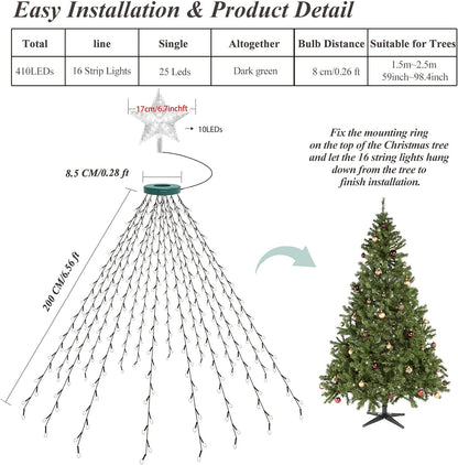 aneeway Cascading Star Tree Lights – Clean Line Holiday Decor for Neutral and Scandinavian Interiors, Warm White