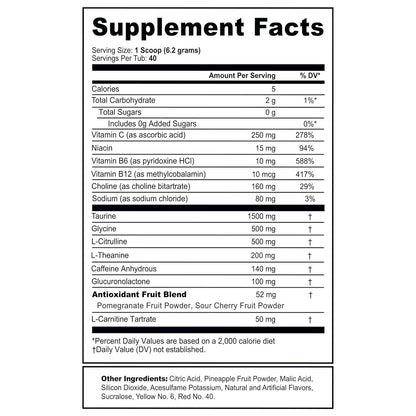 antioxidant complex with 18 fruit powders including peach, pomegranate, blueberry, and strawberry