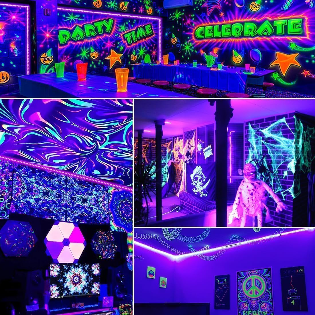 Aogiftr Safe 385-400nm UV-A Blacklight Strip with Remote – Flameless Glow Party Lighting Around Kids and Pets