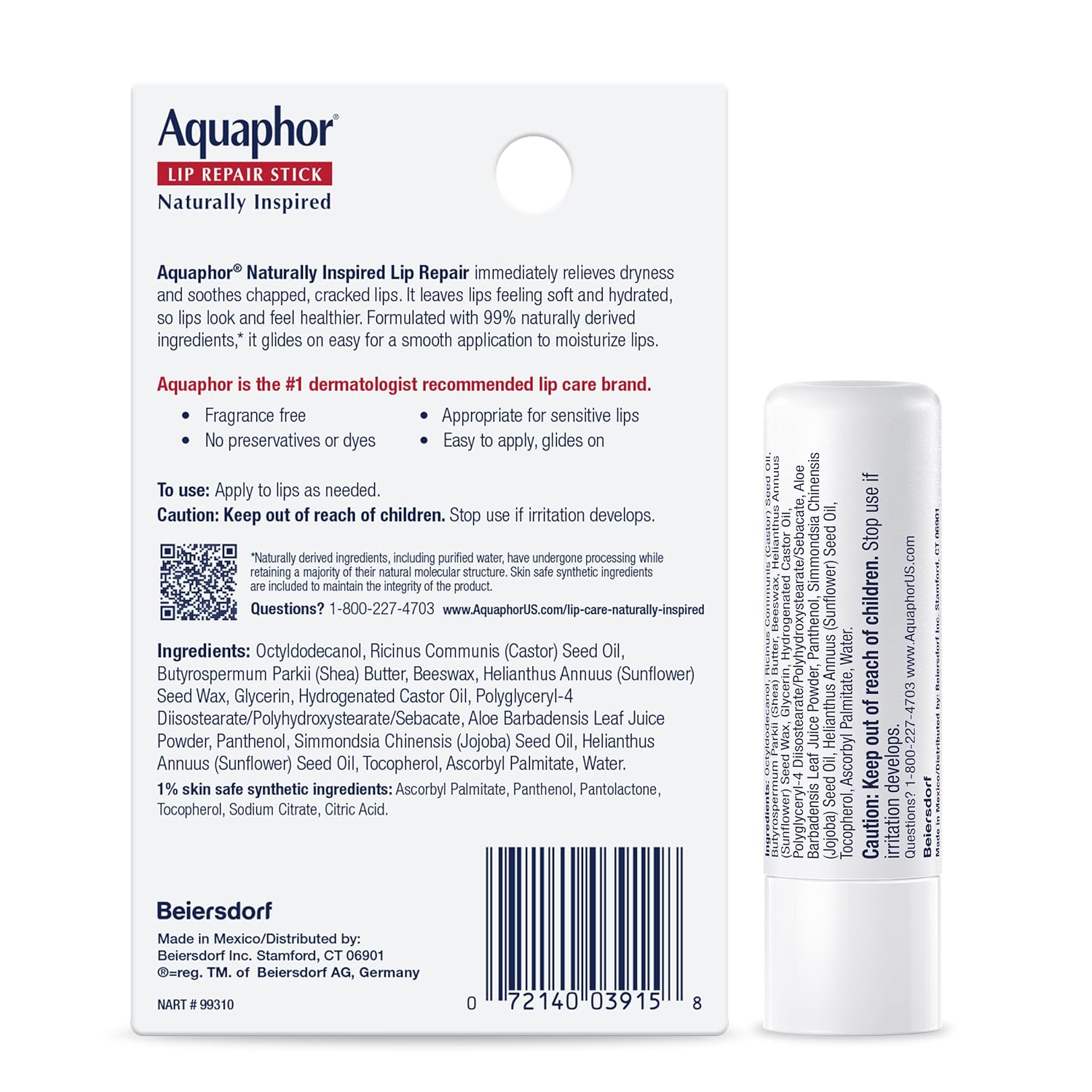 Aquaphor Lip Repair Stick with Aloe Vera and Shea Butter – Cold-Weather Protection for Skiing, Hiking, and Commutes