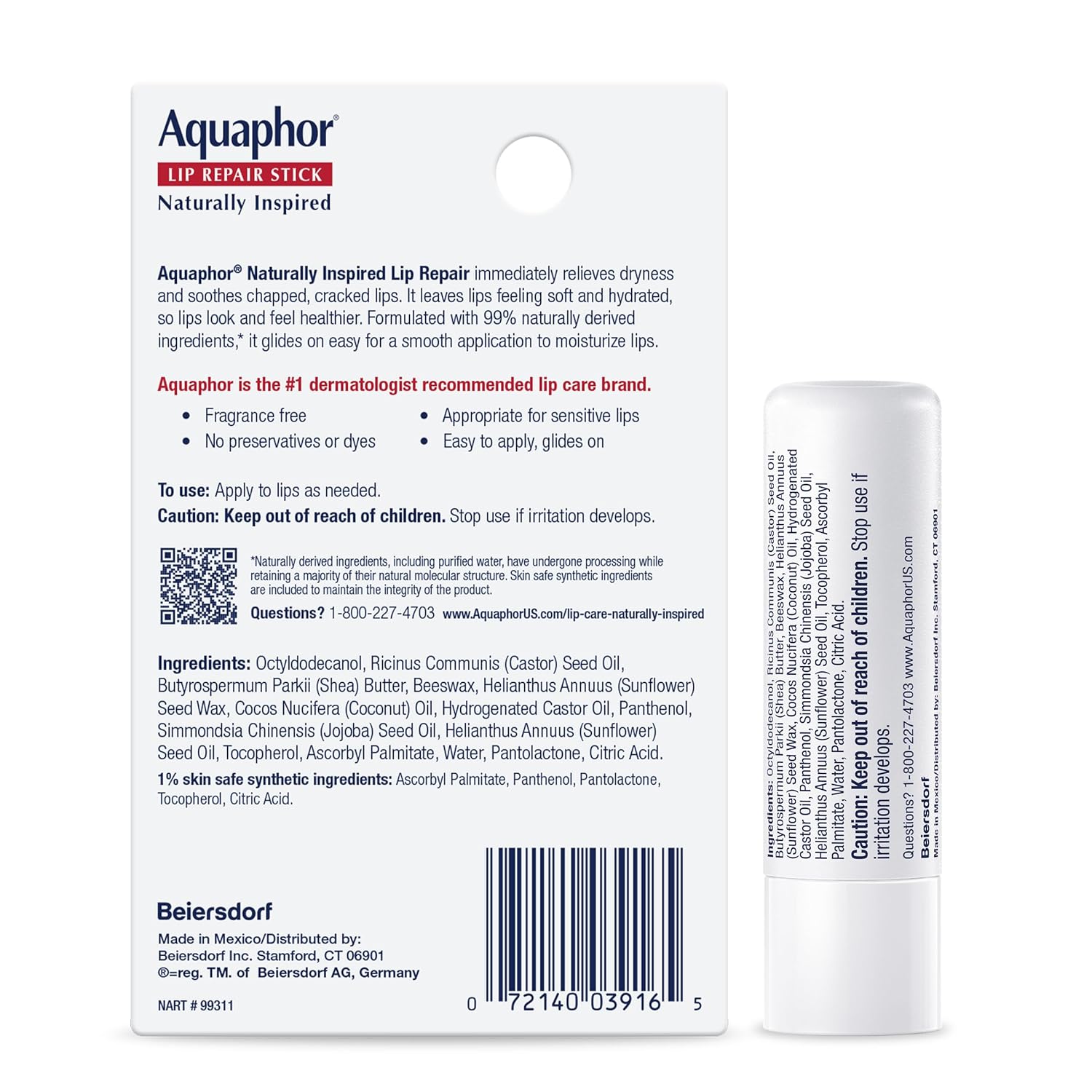 Aquaphor Lip Repair Stick with Coconut Oil and Shea Butter – Fragrance-Free Lip Care Safe for Kids and Families