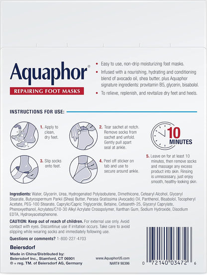 Aquaphor Repairing Foot Masks – At-Home Spa Pedicure Ritual for Dry Heels, 10-Minute Self-Care Treatment with Avocado Oil and Shea Butter