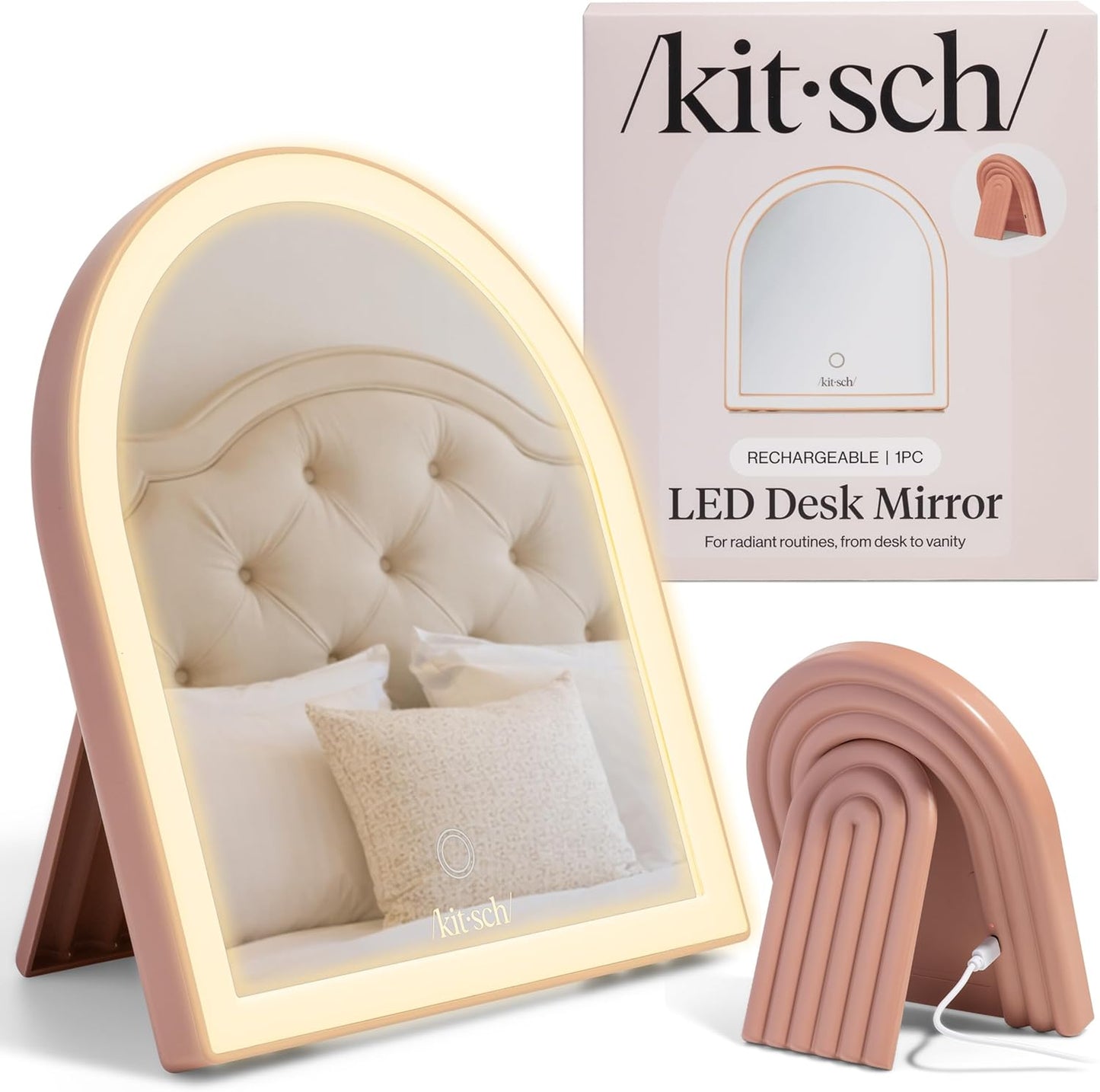 arch-shaped plastic frame in terracotta finish with tabletop mounting