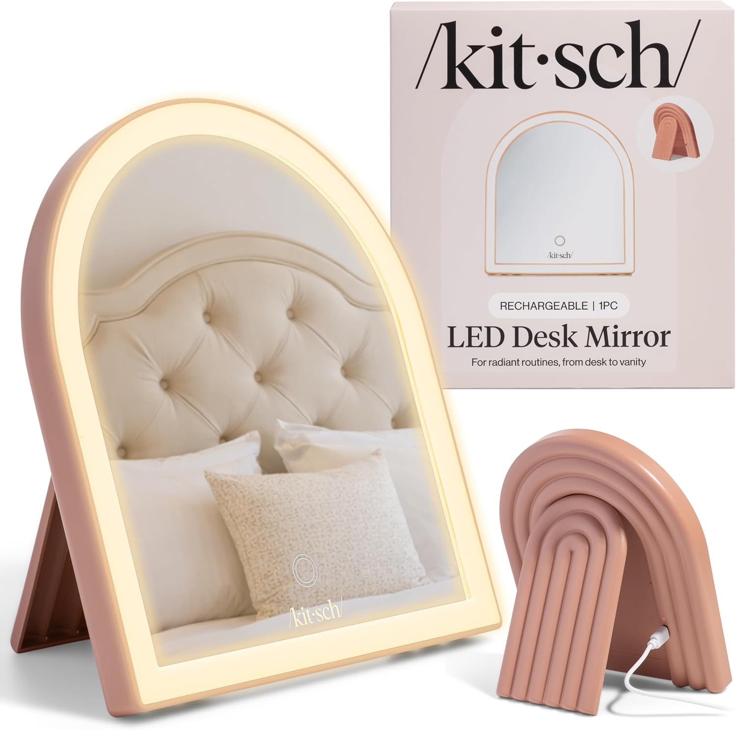 arch-shaped plastic frame in terracotta finish with tabletop mounting