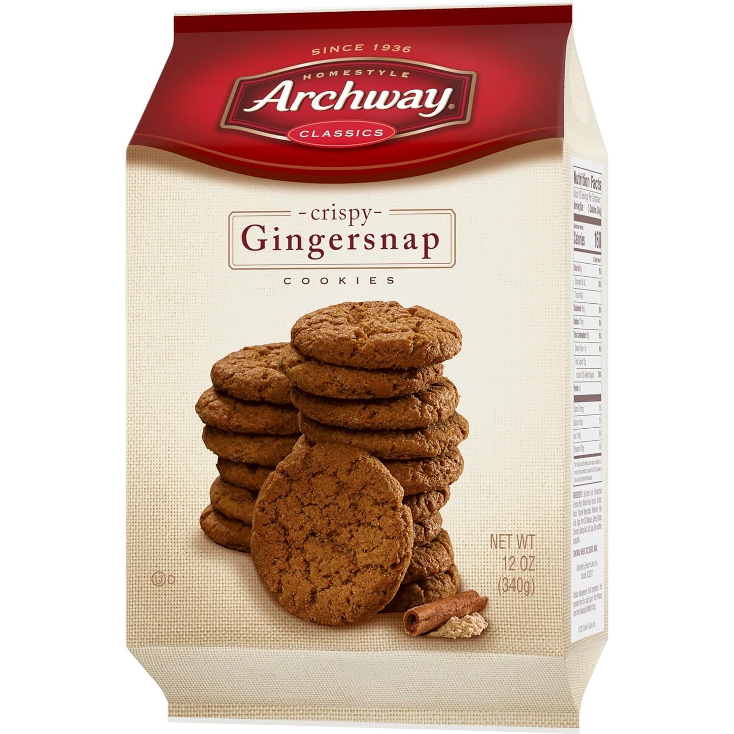 Archway Crispy Gingersnaps, 12 oz Holiday Gift Bag for Cookie Trays and Stocking Stuffers
