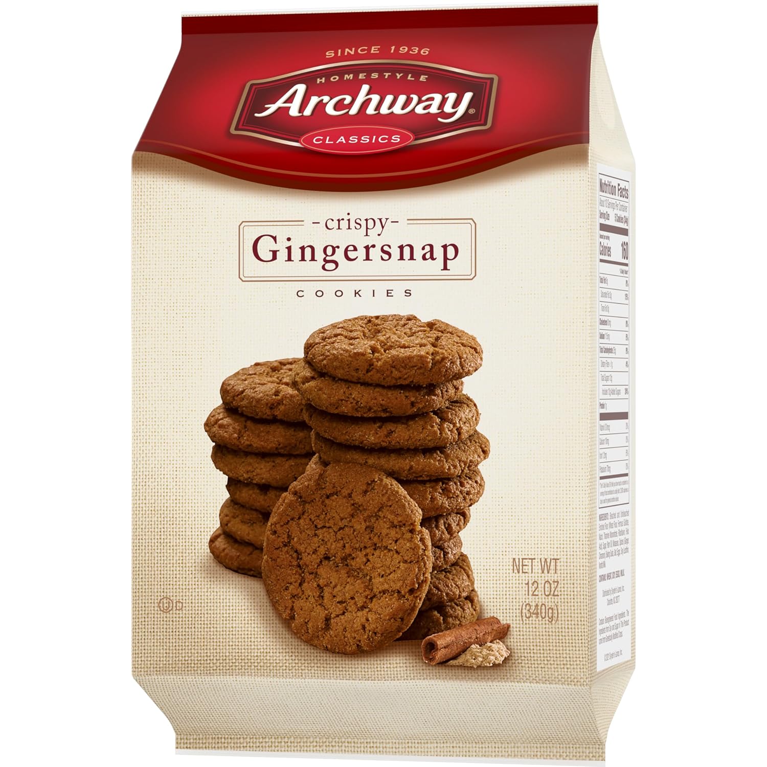 Archway Crispy Gingersnaps, 12 oz Holiday Gift Bag for Cookie Trays and Stocking Stuffers