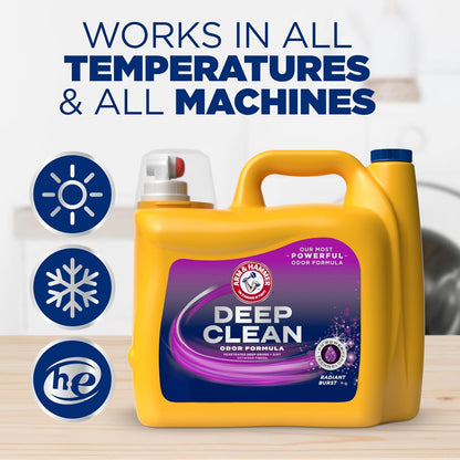 ARM & HAMMER Deep Clean Odor Formula Liquid Laundry Detergent, Radiant Burst Scent – Work-from-Home Refresh for Daily Office Wardrobe Loads, 150 Fl Oz, 100 Loads