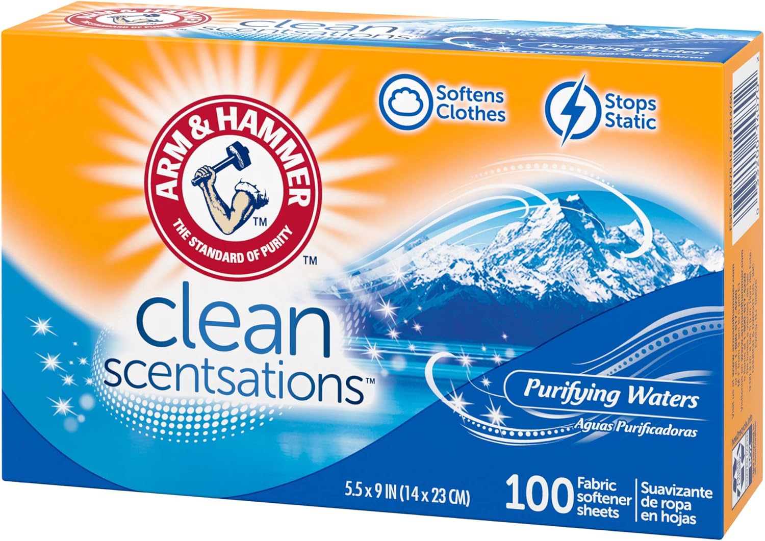 ARM & HAMMER Fabric Softener Sheets, 100 sheets, Purifying Waters – Family Safe Softener for Kids' Room Laundry