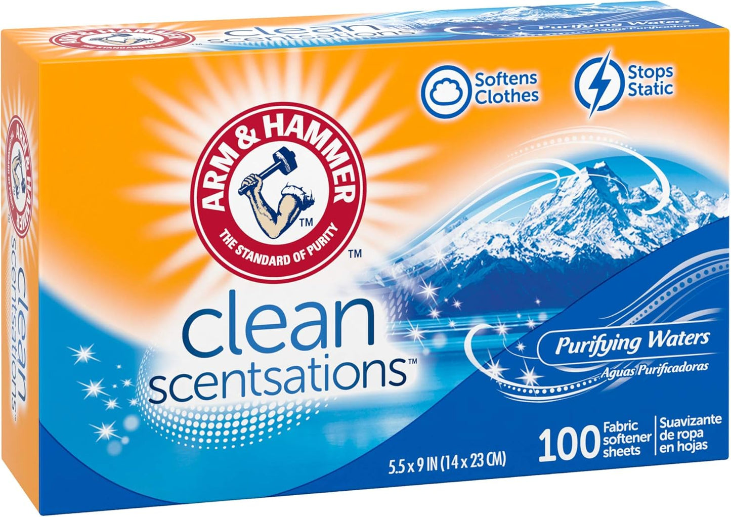 ARM & HAMMER Fabric Softener Sheets, 100 sheets, Purifying Waters – Family Safe Softener for Kids' Room Laundry