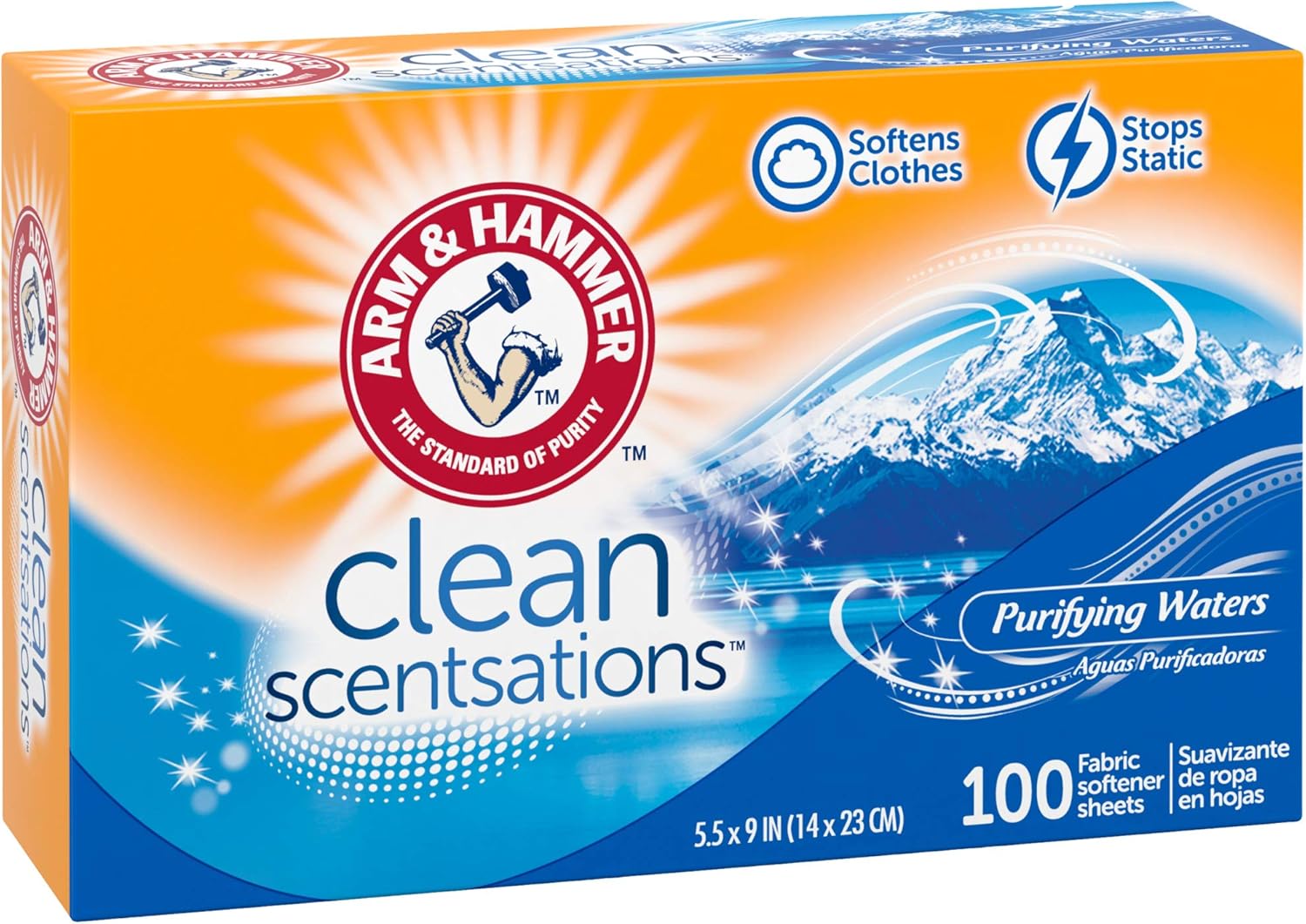 ARM & HAMMER Fabric Softener Sheets, 100 sheets, Purifying Waters – Family Safe Softener for Kids' Room Laundry