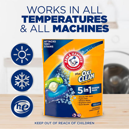 Arm & Hammer Plus OxiClean 5-in-1 Laundry Detergent Power Paks for Busy Professionals, Pre-Measured Stain Remover for Work Clothes