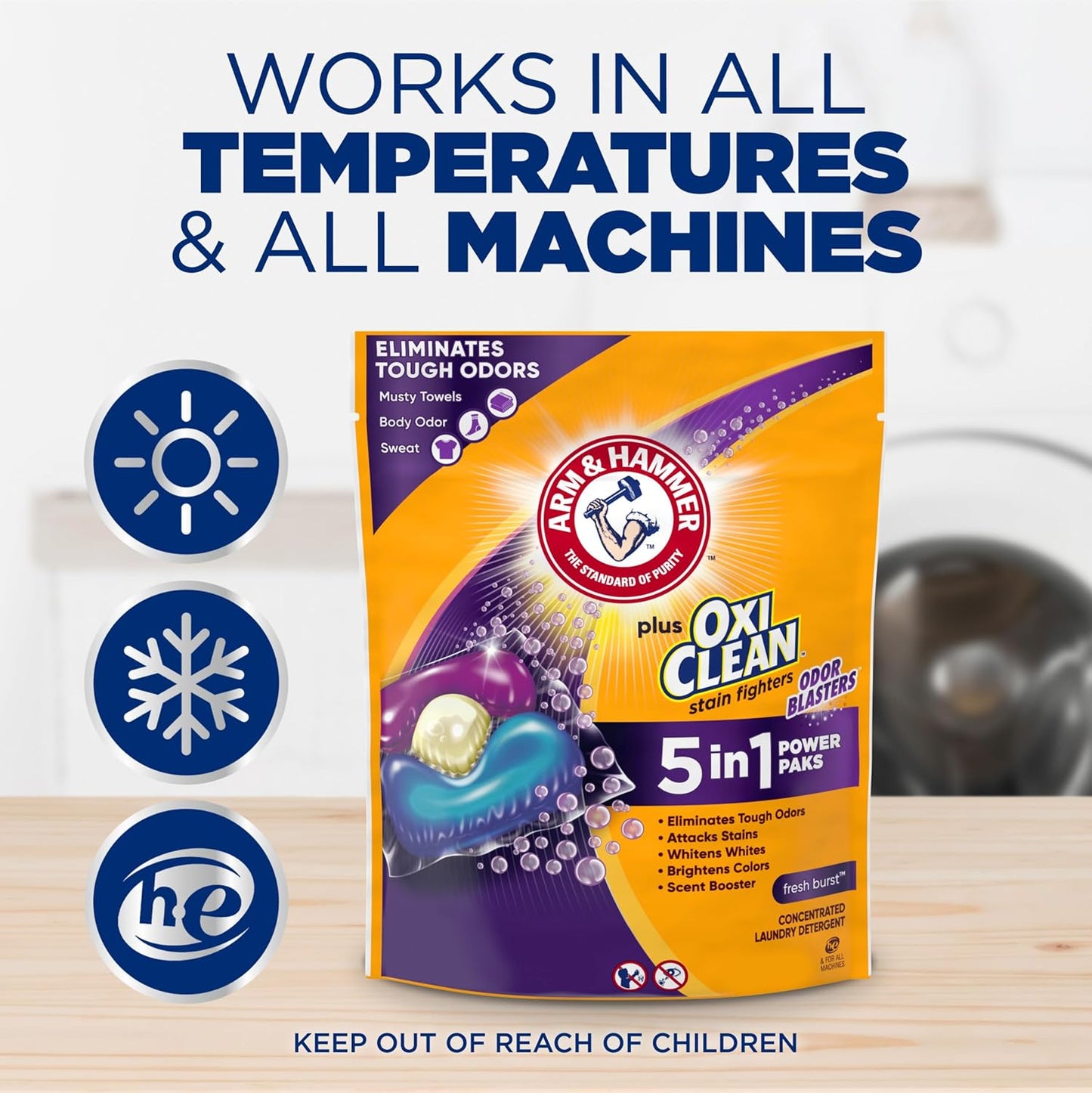 Arm & Hammer Plus OxiClean 5-in-1 Laundry Detergent Power Paks – HE-Compatible Office Wardrobe Care for Remote Workers, Pre-Measured Stain and Odor Removal