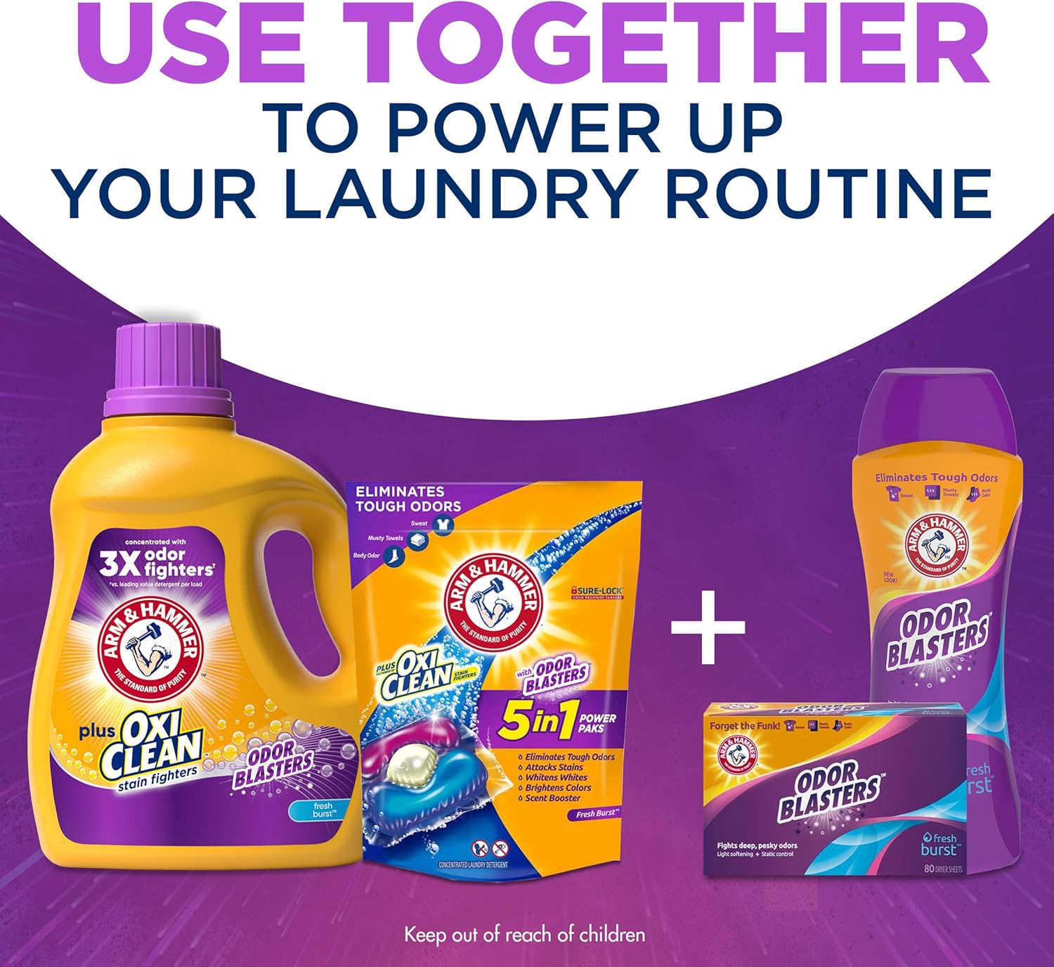 ARM & HAMMER Plus OxiClean Odor Blasters Laundry Detergent for Self-Care Laundry Routine, Fresh Scented HE Liquid Soap for Mindful Home Washing