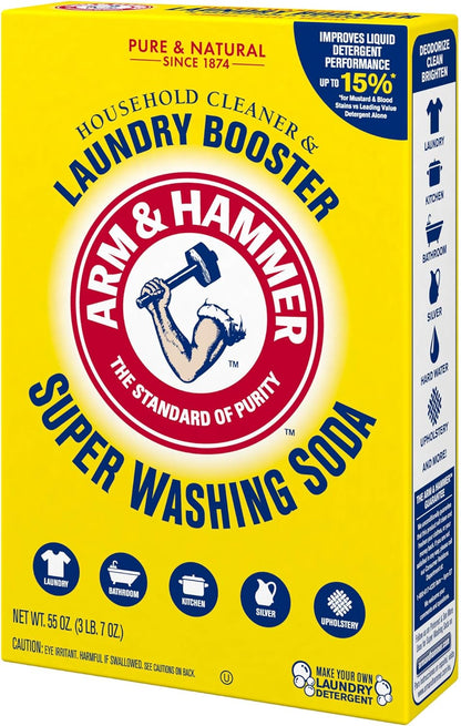 ARM & HAMMER Super Washing Soda Household Cleaner and Laundry Booster, 55 oz Box – Fragrance-Free Laundry Booster for Sensitive Skin