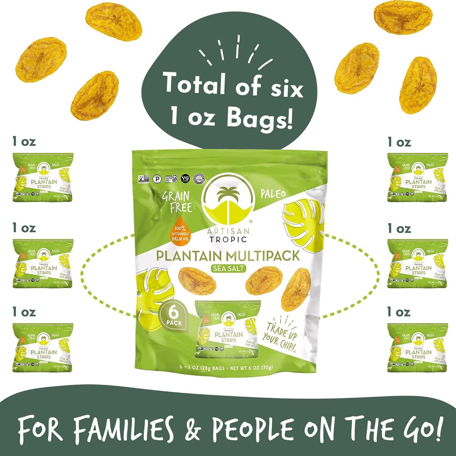 ARTISAN TROPIC Baked Plantain Chips - Healthy After-School Snack for Children, 6 Individual Bags