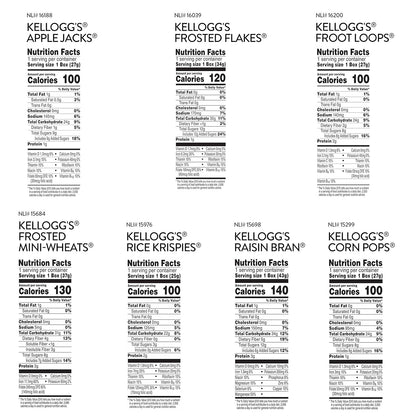 assortment of 7 kellogg's brands: raisin bran, froot loops, apple jacks, corn pops, frosted flakes, frosted mini-wheats, and rice krispies