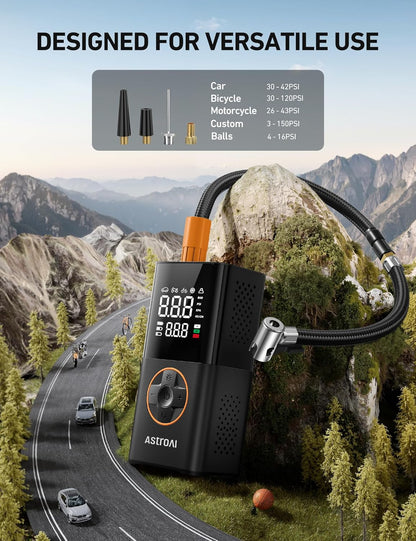 AstroAI L7 Mini Tire Inflator – Adventure Companion for E-Bike Riders, Water Resistant Air Pump for Weekend Trail Rides