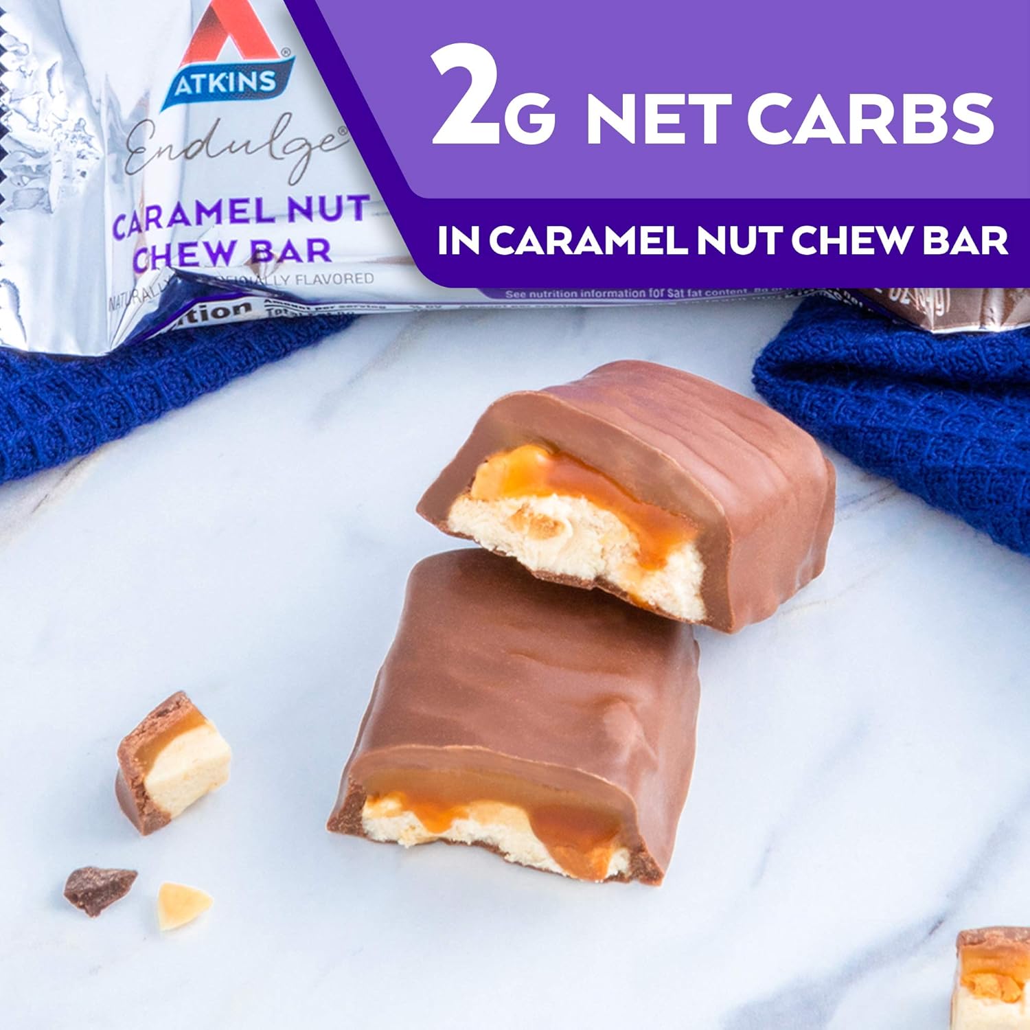 Atkins Endulge Caramel Nut Chew Bar – Mindful Evening Snack for Keto Dieters, 1g Sugar Dessert Bar