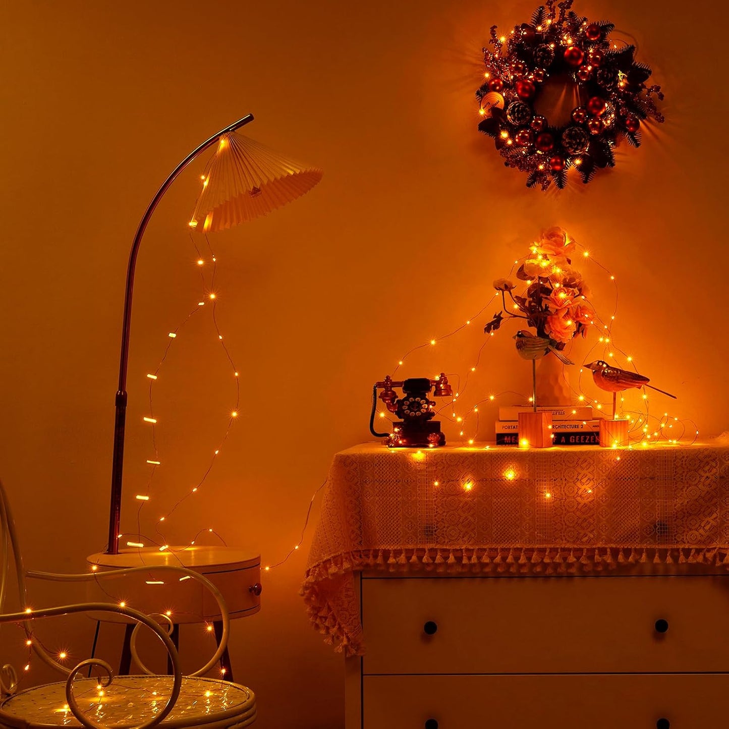 Aurora Glow Battery Fairy Lights – Minimalist Bedroom Decor in Warm White, 16.4ft Simple Copper Wire with Timer