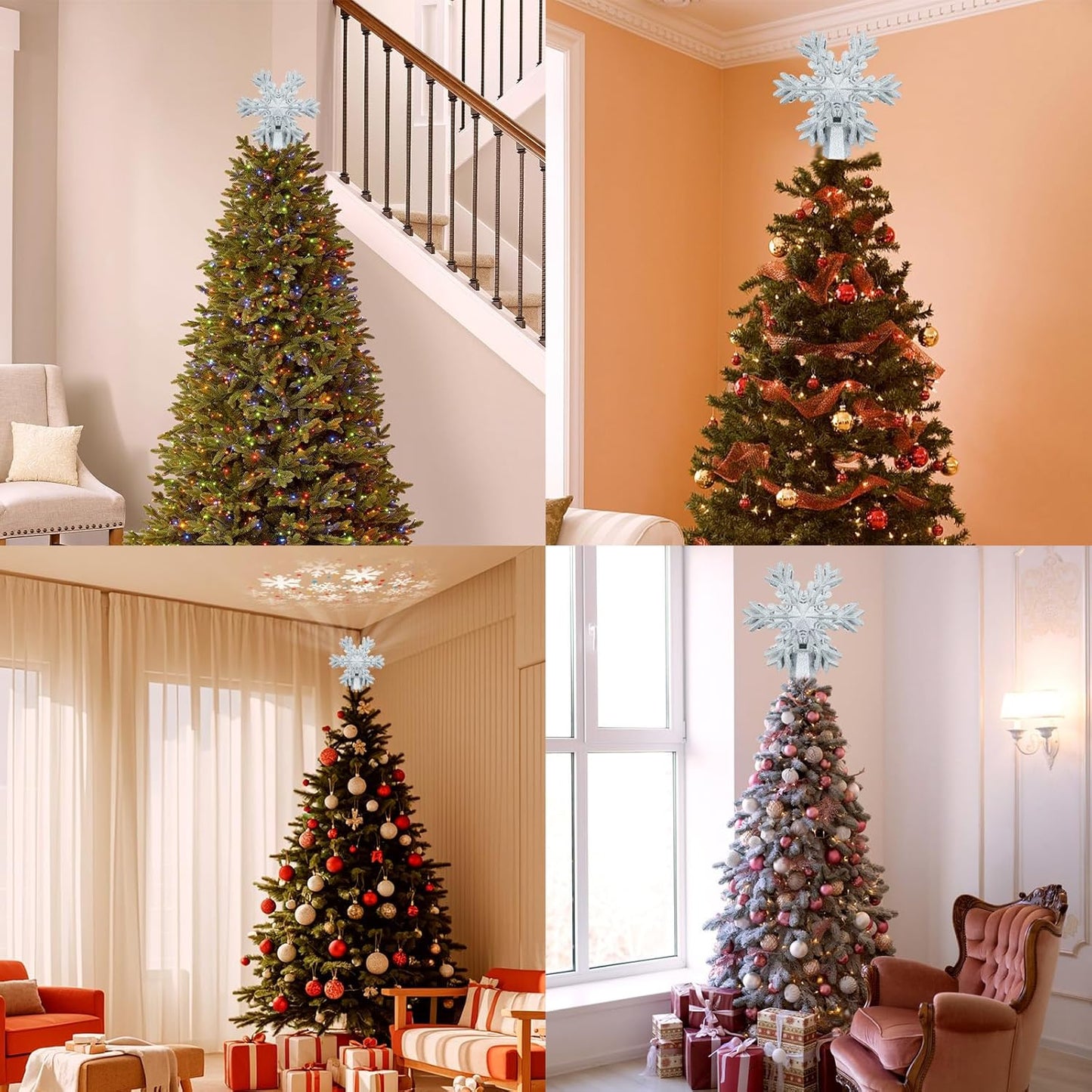 Aurora Glow Flameless Snowflake Tree Topper – UL-Certified LED Projector Safe Around Kids, Pets & Curtains