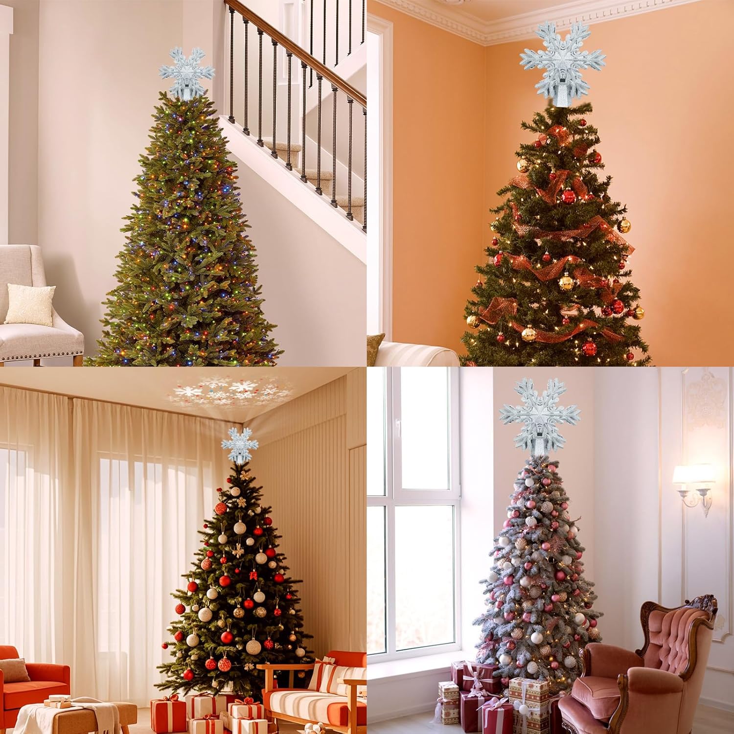 Aurora Glow Flameless Snowflake Tree Topper – UL-Certified LED Projector Safe Around Kids, Pets & Curtains