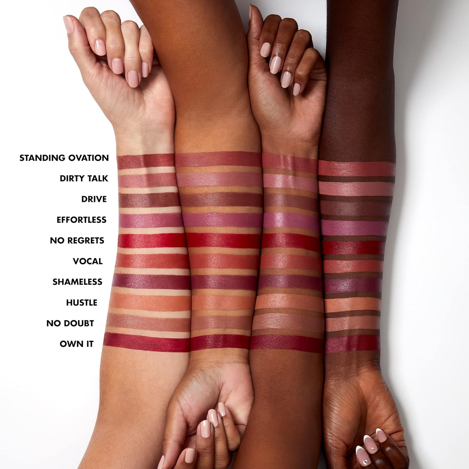 available in 20 sultry shades ranging from beige pink (dirty talk) to bold statements (loud af, untamed)