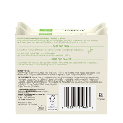 Aveeno Positively Radiant Makeup Remover Wipes – Clean, Simple One-Step Face Cleansing