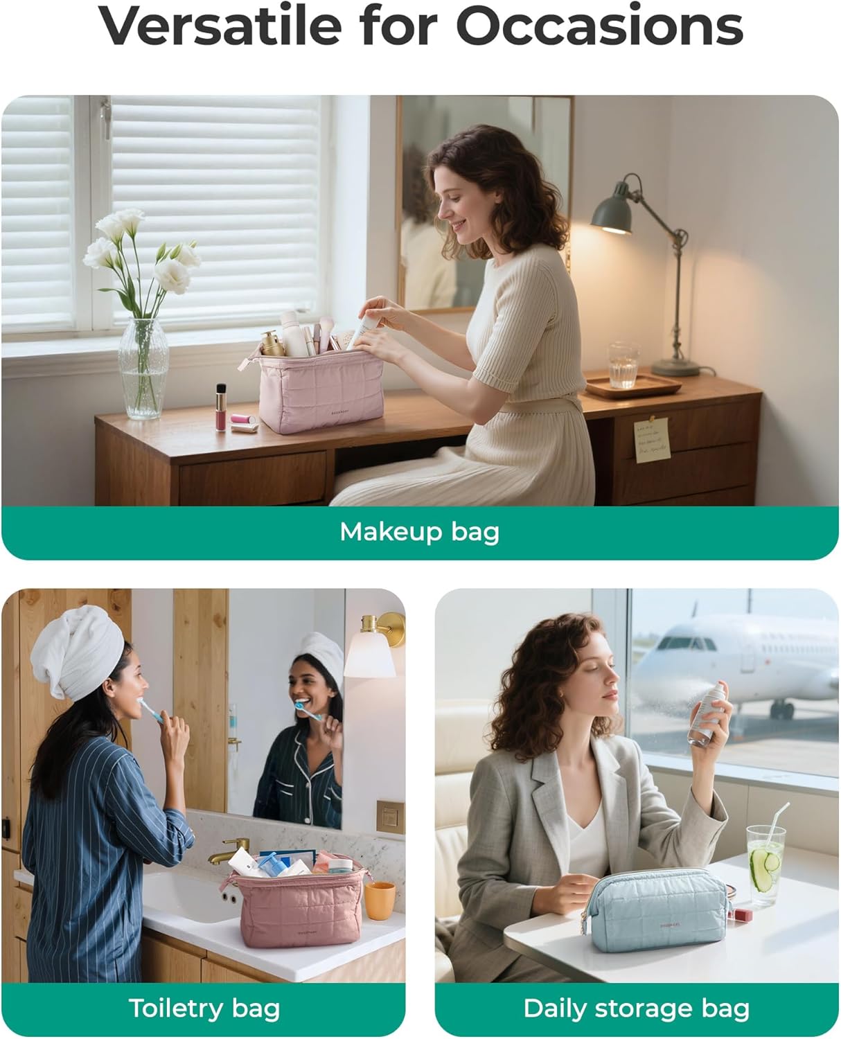 BAGSMART Quilted Puffy Makeup Pouch – Premium Cosmetic Organizer with Velvet-Touch Finish