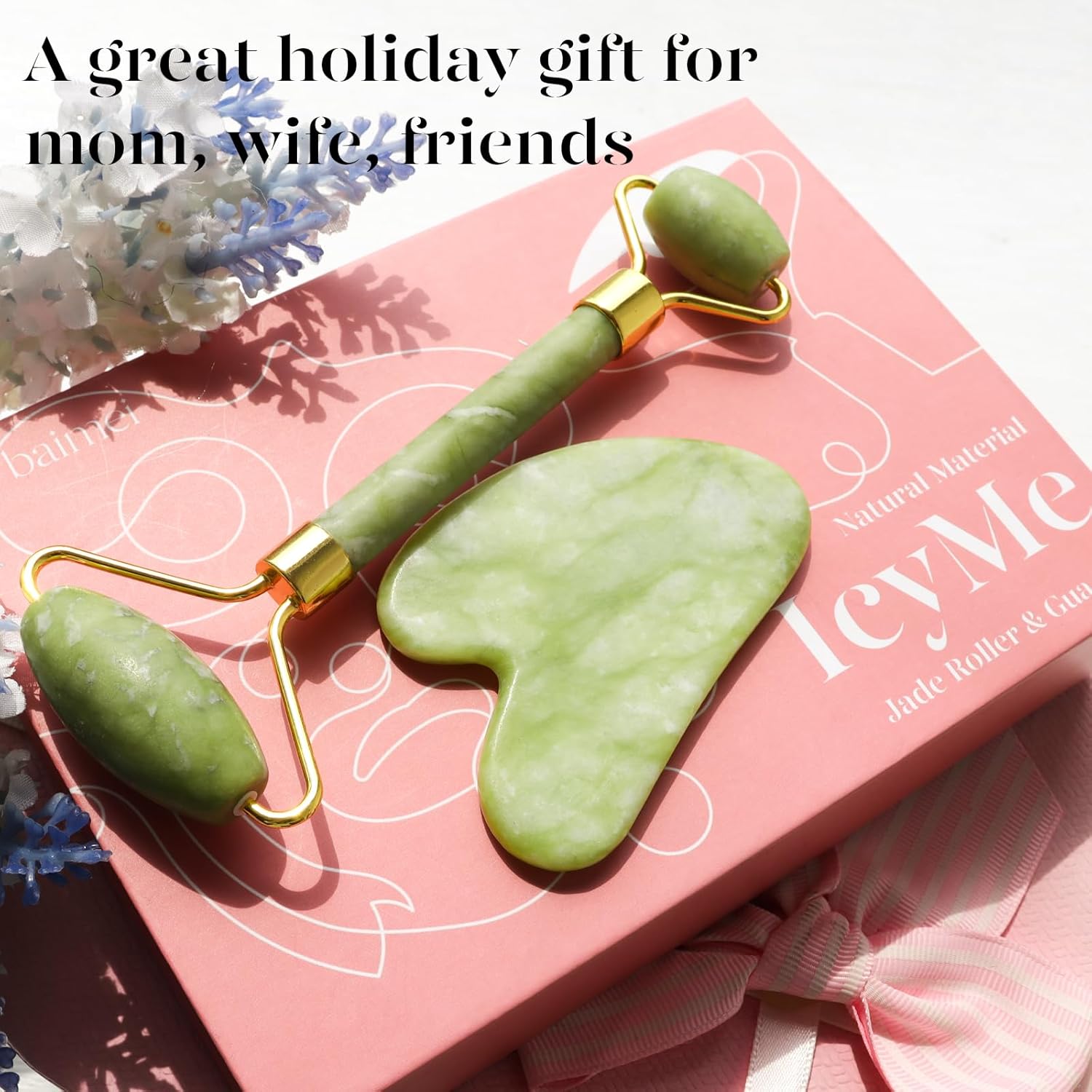 BAIMEI IcyMe Jade Roller and Gua Sha Set – Thoughtful Housewarming Gift for Women, Elegant Self Care Box