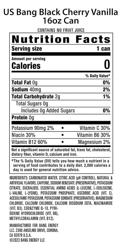Bang Energy Black Cherry Vanilla – Sustained Focus Drink for Long Study Sessions, 16 oz Pack of 12