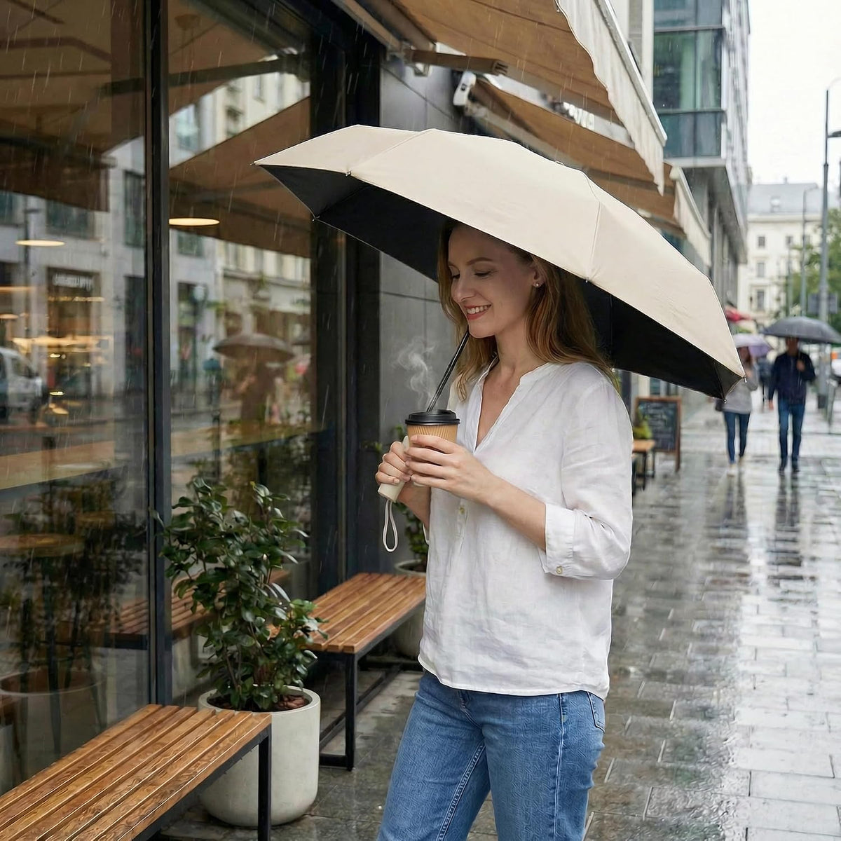 BAODINI Compact UV Travel Umbrella for Patio, Camping, and Outdoor Dining, Windproof Folding Sun and Rain Canopy
