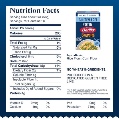 Barilla Gluten Free Rotini Pasta, 12 oz (4 Pack) - Two-Ingredient Pasta for Clean-Eating Meal Prep