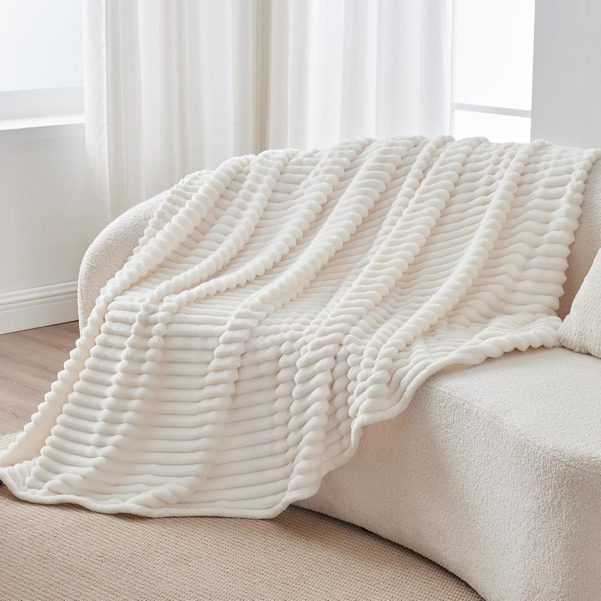 BEDELITE Ribbed Fleece Throw Blanket – Modern 3D Stripe Accent Layer for Living Room Couch Styling