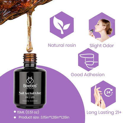 Beetles 15ml Nail Foil Glue Gel – Self-Care Manicure Ritual for At-Home Pampering, Soak-Off Transfer Gel with Brush Applicator
