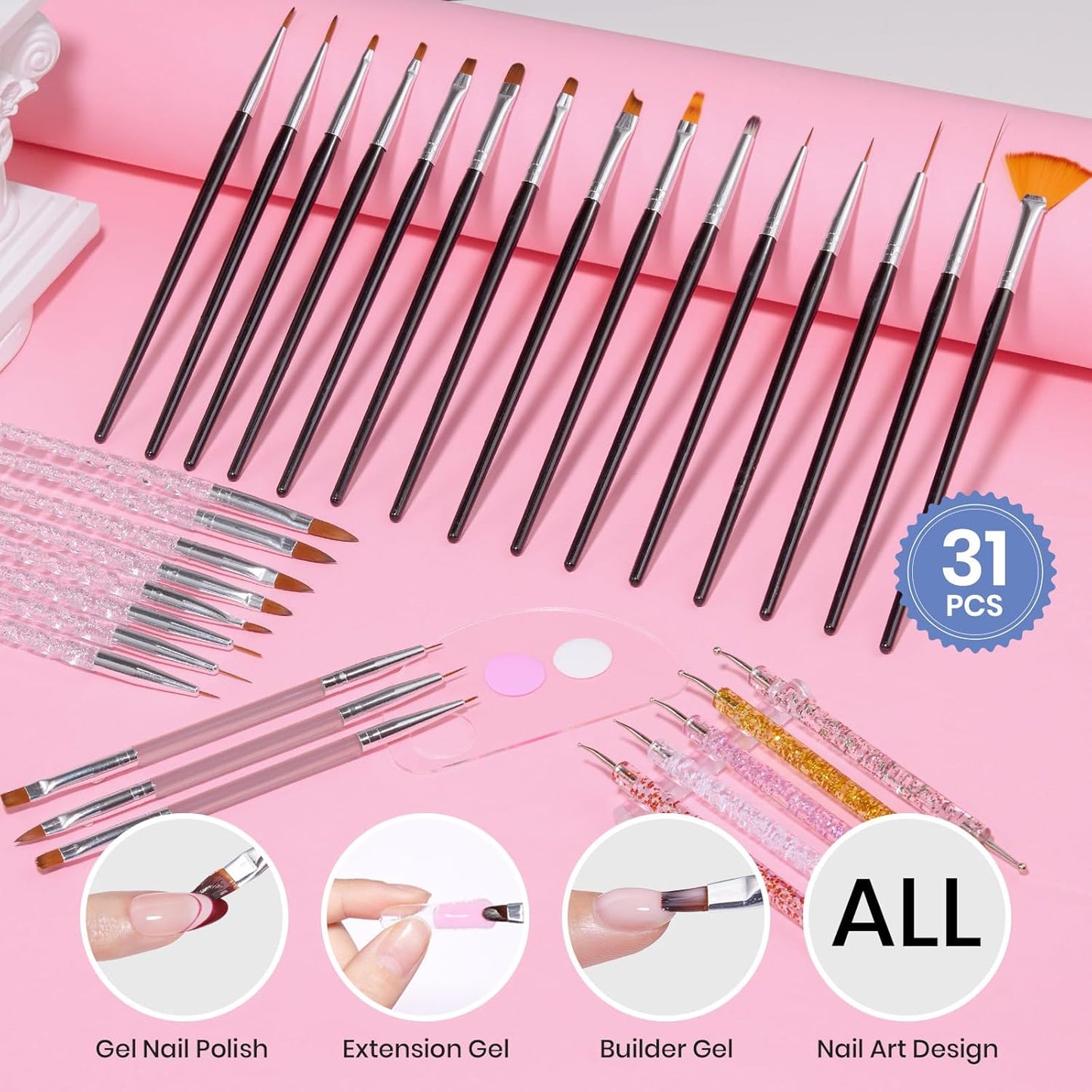 Beetles Crystal-Handle 31-Piece Nail Art Brush Collection – Premium DIY Manicure Set with Elegant Palette for the Refined Home Salon