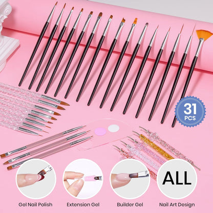 Beetles Crystal-Handle 31-Piece Nail Art Brush Collection – Premium DIY Manicure Set with Elegant Palette for the Refined Home Salon
