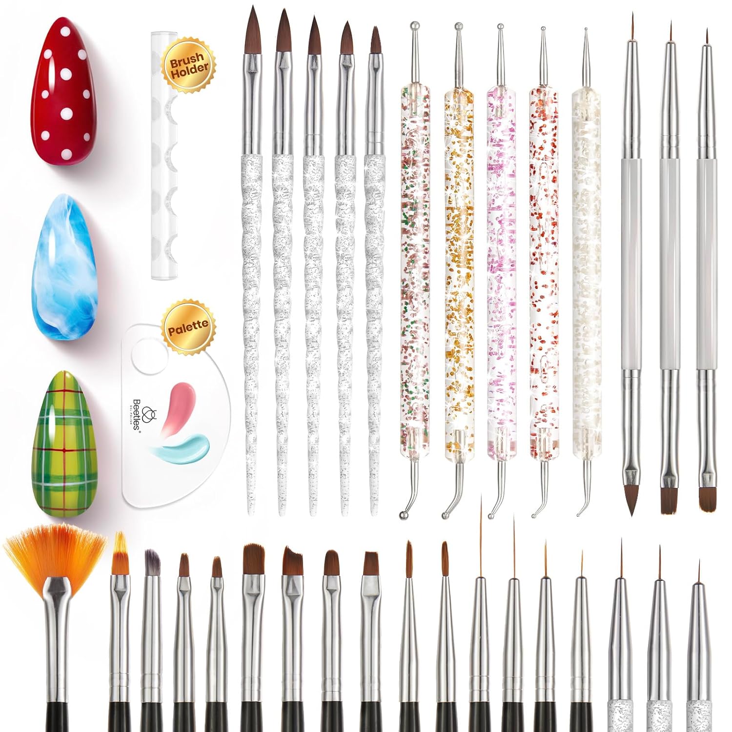 Beetles Crystal-Handle 31-Piece Nail Art Brush Collection – Premium DIY Manicure Set with Elegant Palette for the Refined Home Salon