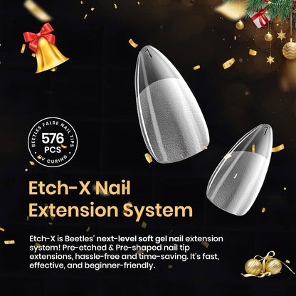 Beetles Gel Nail Tips 576Pcs Pre-shape Short Almond Etch-X Nail Tips – Thoughtful Birthday Gift for Her, At-Home DIY Manicure Set for Women