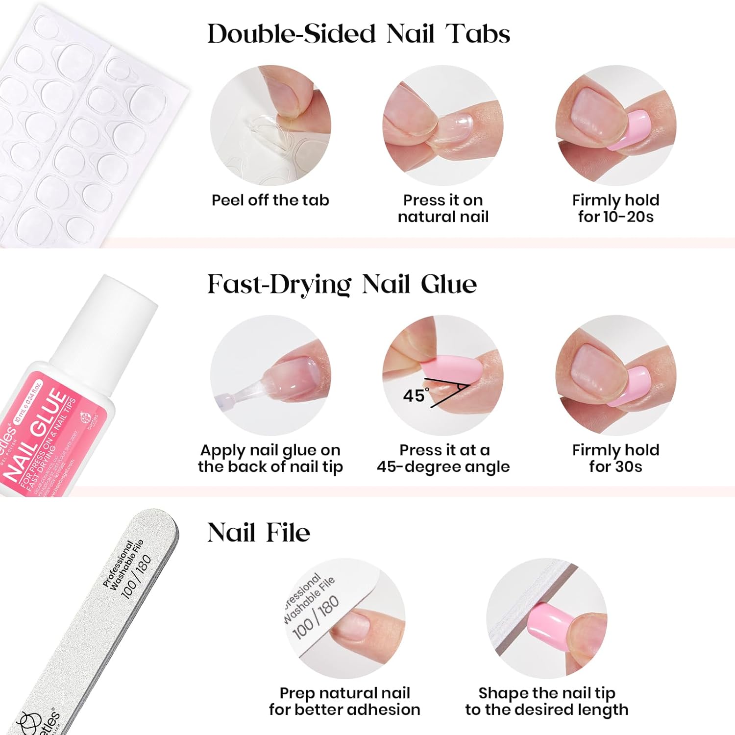 Beetles Press on Nails Kit – Birthday Gift for Women and Teen Girls, 720pc 24 Color Manicure Set with Glue and Stickers