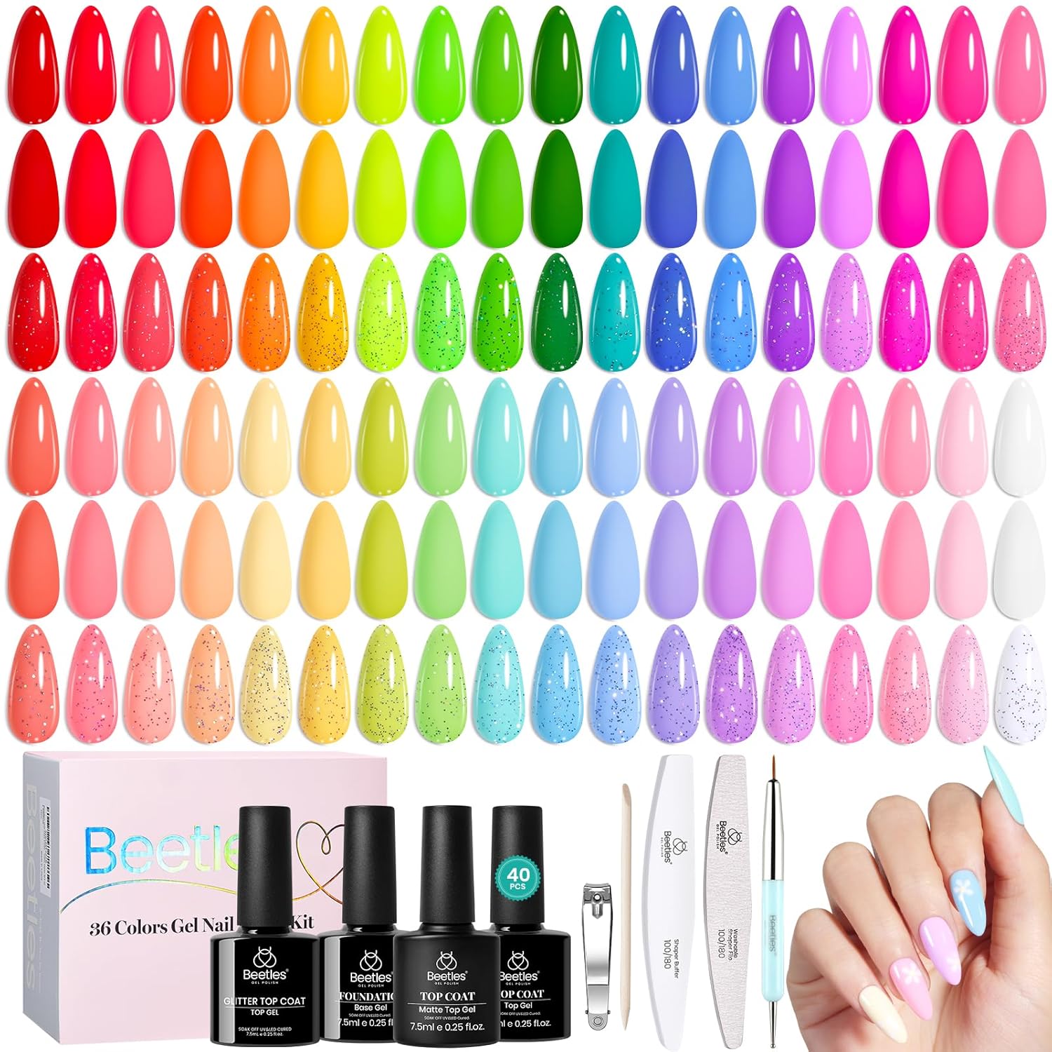 Beetles Spring Gel Nail Polish Kit – Ready-to-Give Birthday Gift Set for Women with 36 Pastel and Neon Colors and Three Top Coats