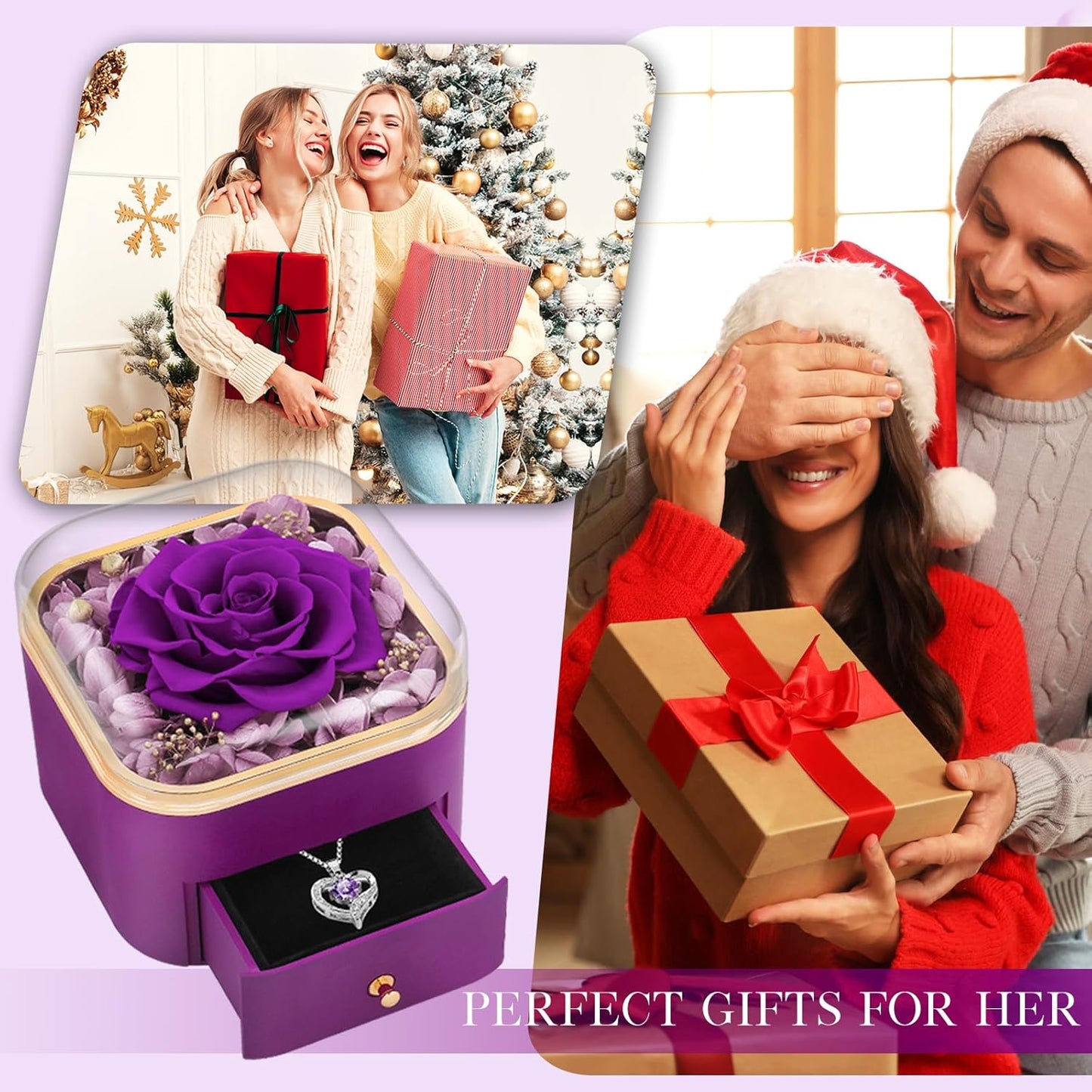 Beferr Preserved Rose with Heart Necklace – Simple Eternal Flower Gift, Clean Bedroom Display for Her
