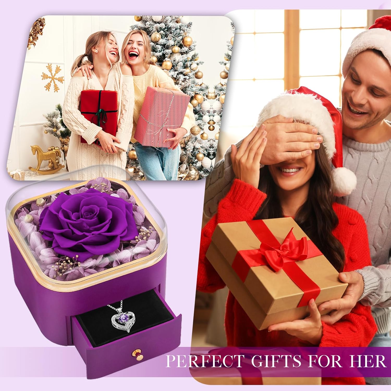 Beferr Preserved Rose with Heart Necklace – Simple Eternal Flower Gift, Clean Bedroom Display for Her