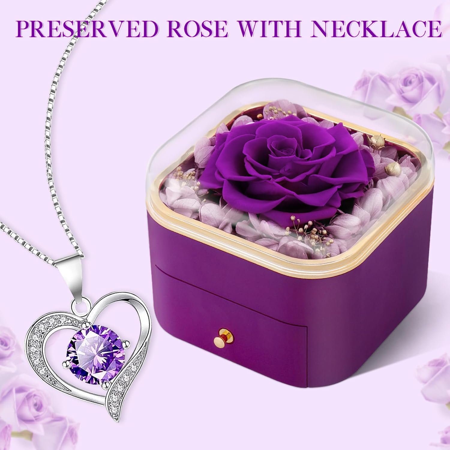 Beferr Preserved Rose with Heart Necklace – Simple Eternal Flower Gift, Clean Bedroom Display for Her