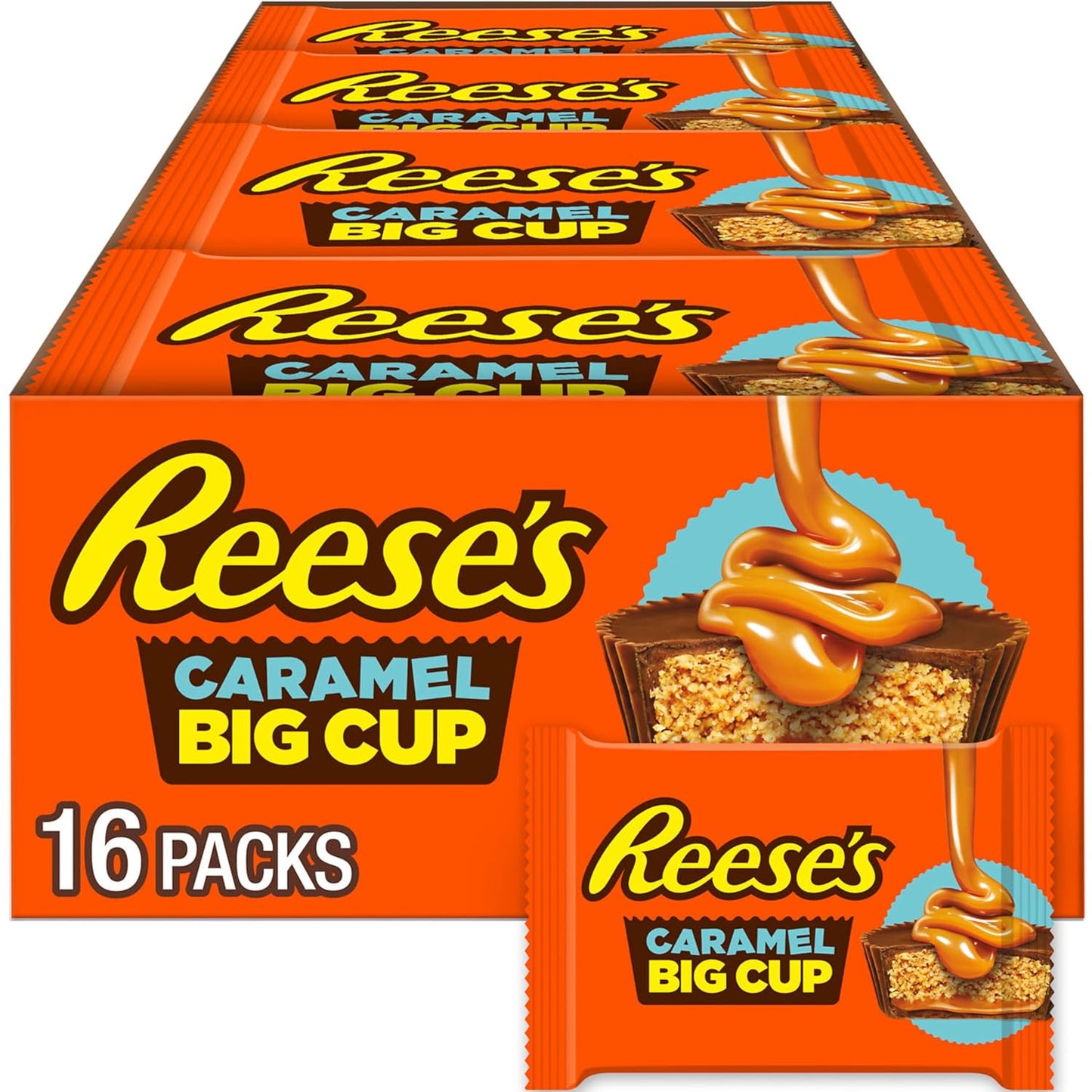 big cup format with an added creamy caramel layer between milk chocolate and peanut butter