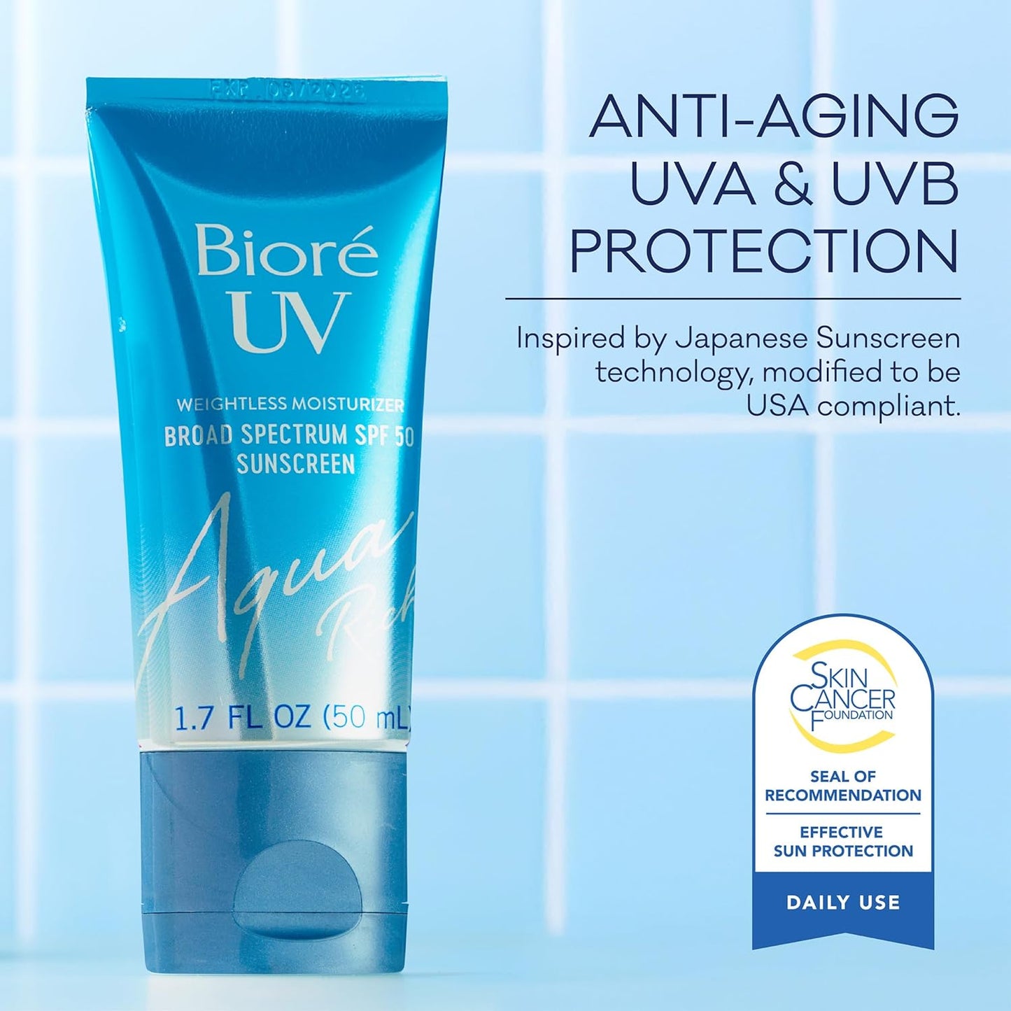 Biore UV Aqua Rich Daily Hydrating Moisturizer SPF 50 – One-Step Minimalist Skincare for a Clean Vanity Counter