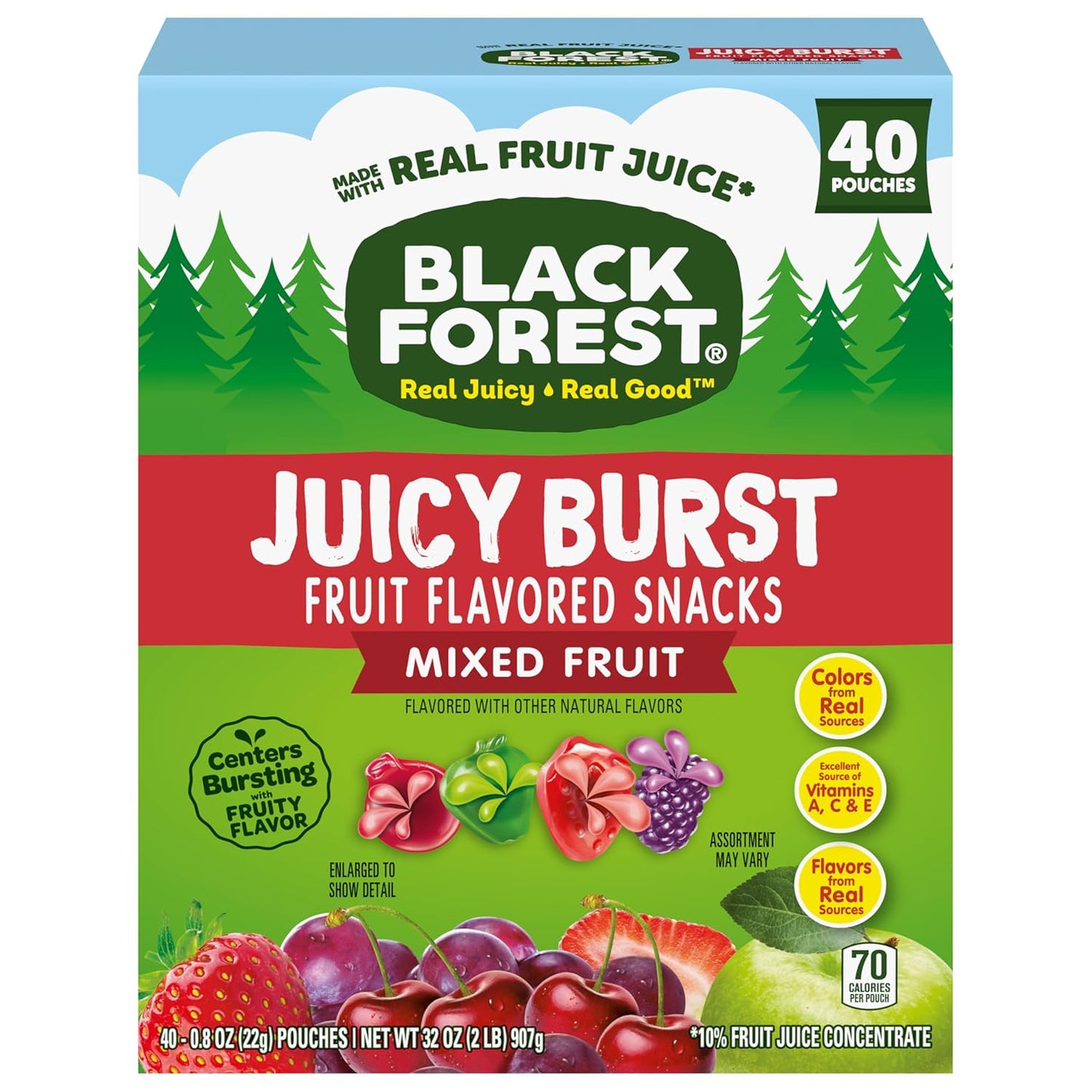 Black Forest Juicy Burst Better-for-You Fruit Snacks – No Artificial Dyes Gummy Pouches, 40 Count