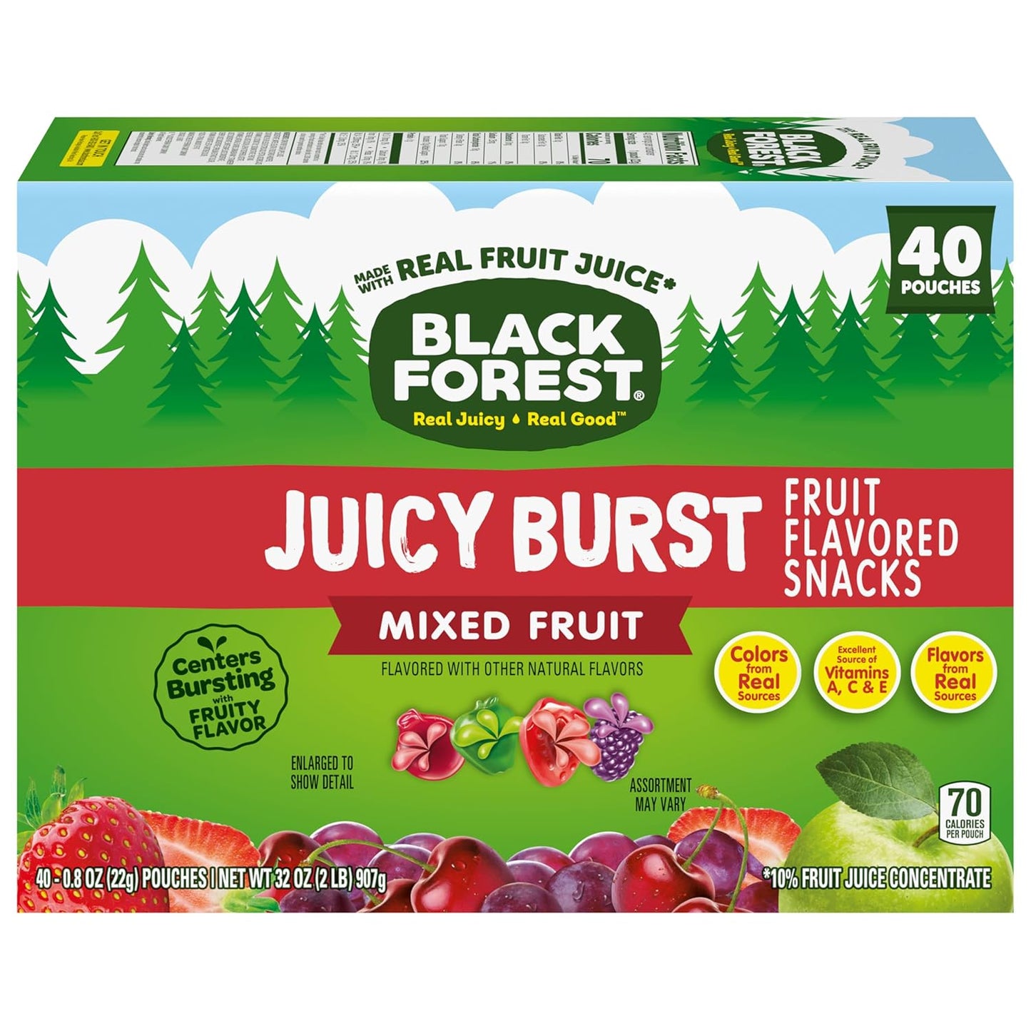 Black Forest Juicy Burst Better-for-You Fruit Snacks – No Artificial Dyes Gummy Pouches, 40 Count