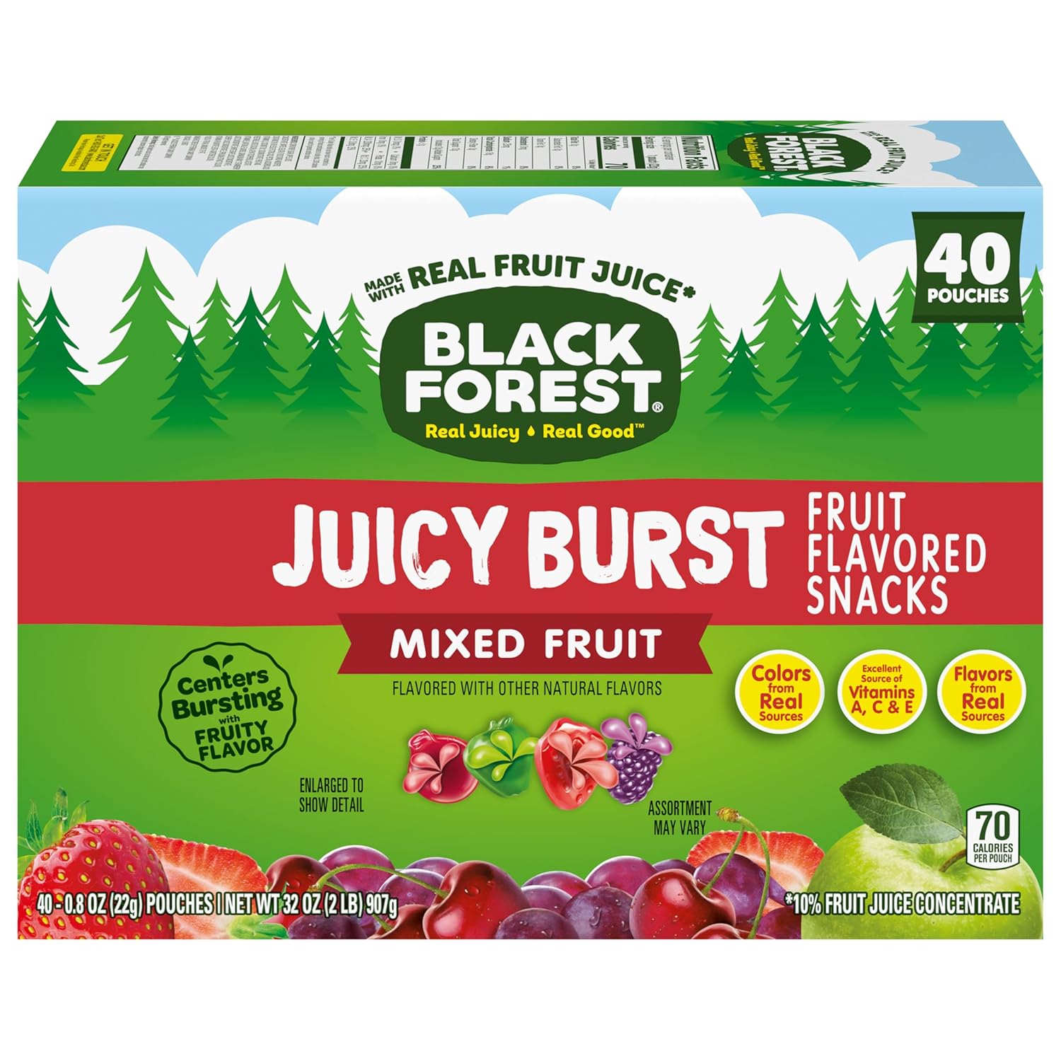 Black Forest Juicy Burst Better-for-You Fruit Snacks – No Artificial Dyes Gummy Pouches, 40 Count