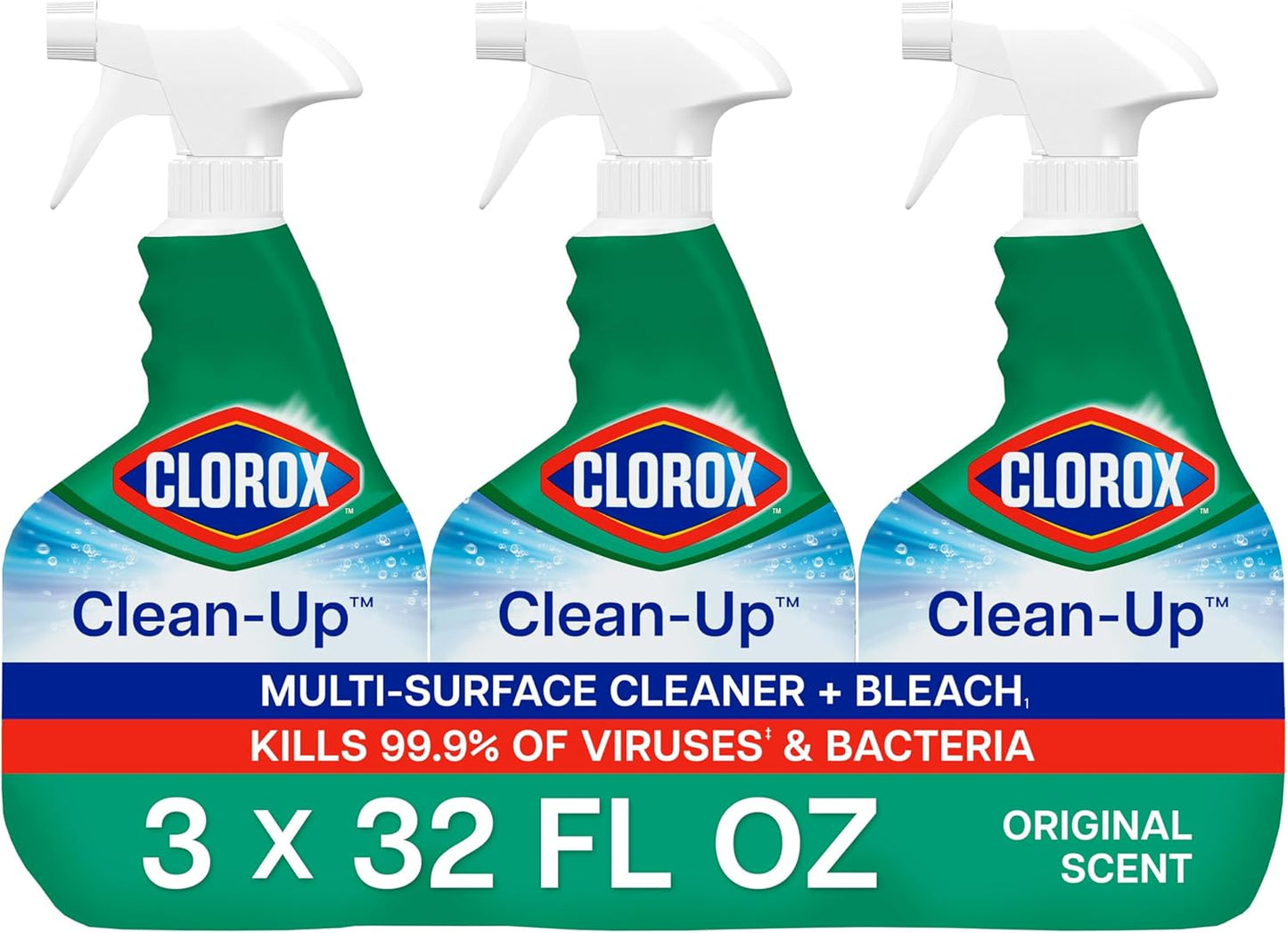 bleach-based liquid formula dispensed via 32 fl oz trigger spray bottle