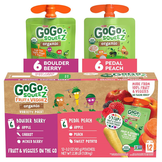 blend of organic fruit plus vegetable (carrot in boulder berry, sweet potato in pedal peach) in a single 3.2 oz pouch